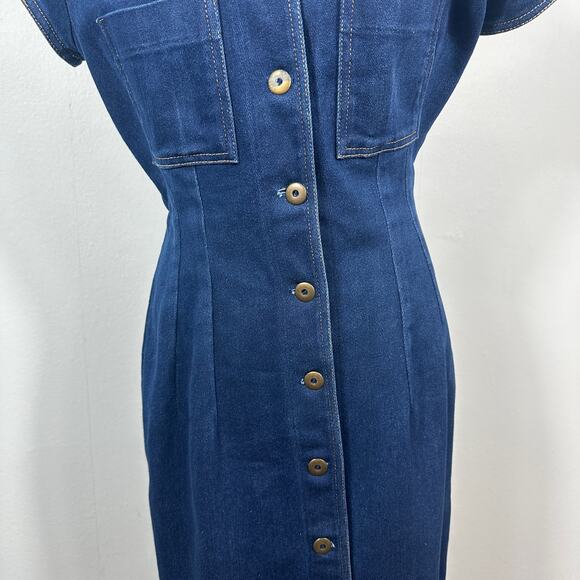 VTG Vesti Denim Shirt Dress Blue Button Front Midi Short Sleeve Utility Retro L - Picture 12 of 13